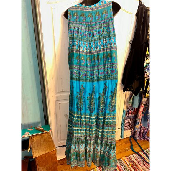 NWOT TURQUOISE SLEEVELESS BLOCK PRINT HIPPIE BOHO MAXI DRESS COTTON GAUZE - Picture 10 of 11